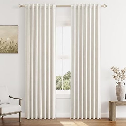 Beige White 100% Blackout Linen Curtains 84 Inch Length 2 Panels Set for Living Room Bedroom Back Tab Thermal Insulated Black Out Drapes Room Darkening Farmhouse Style for Bedroom Window Curtains