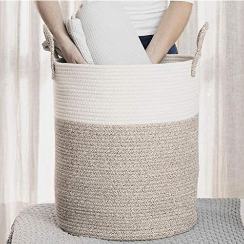 OrganiHaus XXL Rope Woven Laundry Basket | Laundry Hamper Basket for Blankets | Nursery Hamper Basket | Baby Laundry Basket White | Large Basket for Scandinavian Home Decor (15x18) - Brown Basket - Tall (15"x18") - Brown / Off-white