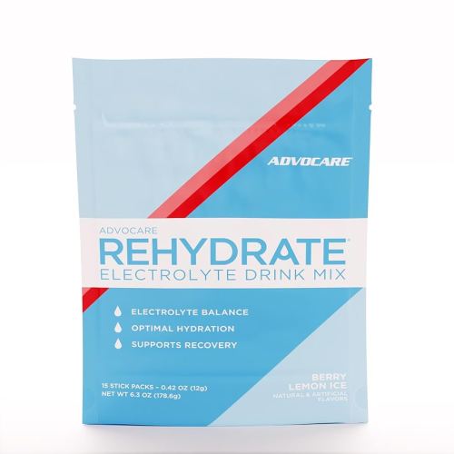 AdvoCare Rehydrate Electrolyte Drink Mix - Hydration & Recovery Drink with Sodium, Potassium & More - Berry Lemon Ice - 15 Hydration Packets