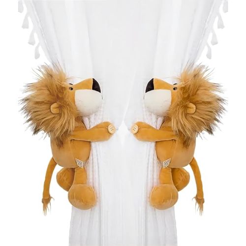Curtain Tiebacks, 1 Pair Cute Animal Curtain Holdbacks for Drapes, Buckle Hook Fastener Curtain Tie Backs Holder for Nursery Decor, Kids Bedroom Window Decorations (Lion)