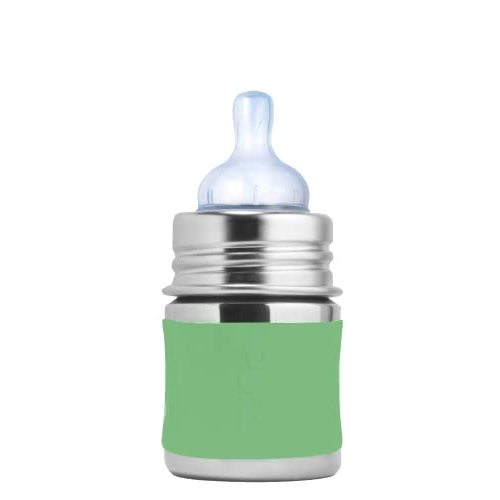 Pura Kiki 5oz/150ml Stainless Steel Anti-Colic Infant Bottle w/Silicone Natural Vent Nipple & Sleeve, 100% Plastic-Free, MadeSafe Certified, Medical-Grade Silicone - Moss Sleeve