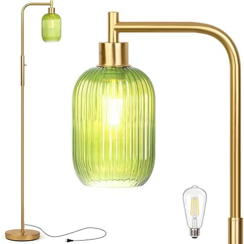 Ruiever Glass Floor Lamp for Living Room, Dimmer Standing Lamp with Green Ribbed Lampshade,66” Tall Lamp & Gold Floor Lamp for Bedroom Study Room,Brushed Gold (Green)