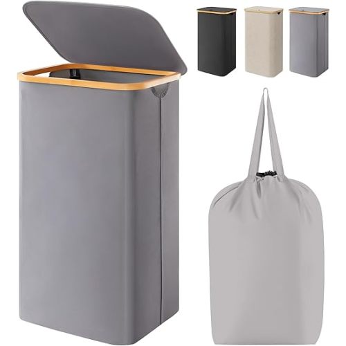 Lifewit 100L Laundry Basket with Lid, Clothes Hampers for Laundry with Bamboo Handles and A Removable Bag, Large Foldable Laundry Hamper for Bedroom, Bathroom, Dorm, Laundry Room, Gray