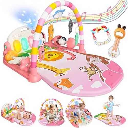 Baby Play Mat with Kick and Play Piano Gym, Funny Tummy Time Mat with Music and Lights, Baby Gyms & Playmats with 5 Infant Sensory Toys, Newborn Boy & Girl Gifts for 0 to 3 6 9 12 Months (Pink)