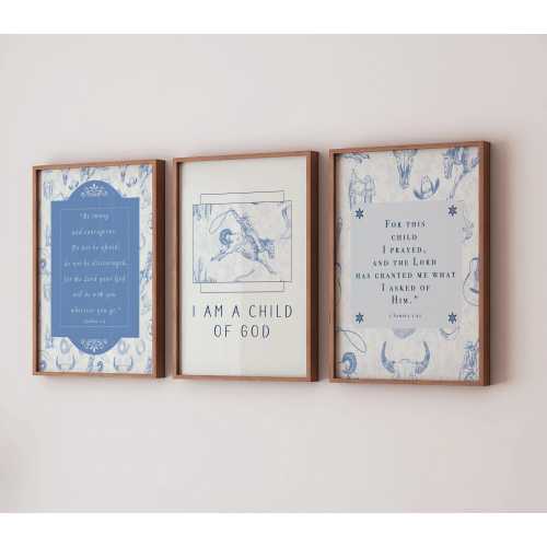 Cowboy Christian Nursery Decor Set of 3 Prints, Western Bible Verse Boy Art Gift for Archival Kids Room, Joshua and Samuel Scriptural Decor