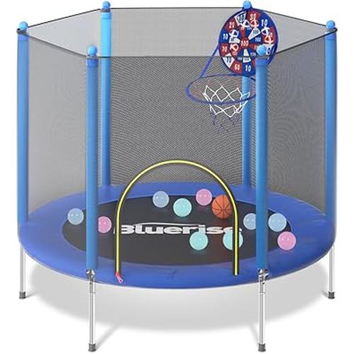 BLUERISE Trampoline 55IN 6FT Toddler Trampoline for Kids Indoor Outdoor Play for Kids Trampoline Basketball Hoop Attachment with Enclosure Net Easy to Assemble Outdoor Indoor Trampoline