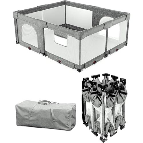 Dearlomum Foldable Baby Playpen with Non Removable Thick Mat,Collapsible Playpen for Babies and Toddlers, Extra Large Foldable Playpen for Baby with Gate, Travel Play Pen (Gray 59"×71")