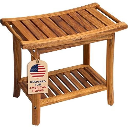 Premium 22" Teak Wood Shower Bench with Shelf, 2-Tier Waterproof Teak Shower Stool, Non-Slip Feet for Enhanced Safety, Spa Bath Seat for Bathroom, Indoor & Outdoor Use, 300 lb Capacity