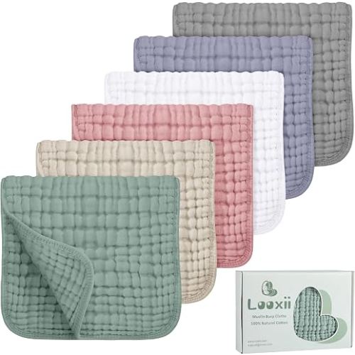 Looxii Muslin Burp Cloths 100% Cotton Muslin Cloths Large 20''x10'' Extra Soft and Absorbent 6 Pack Baby Burping Cloth for Boys and Girls(Multicolor)