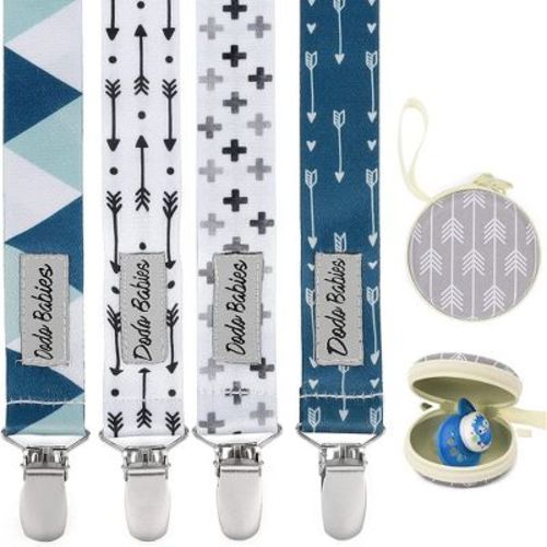 Dodo Babies Pacifier Clip Set - Four Clips Plus Binky Case - Universal Holder Fits Most Paci Brands, Teether Toys