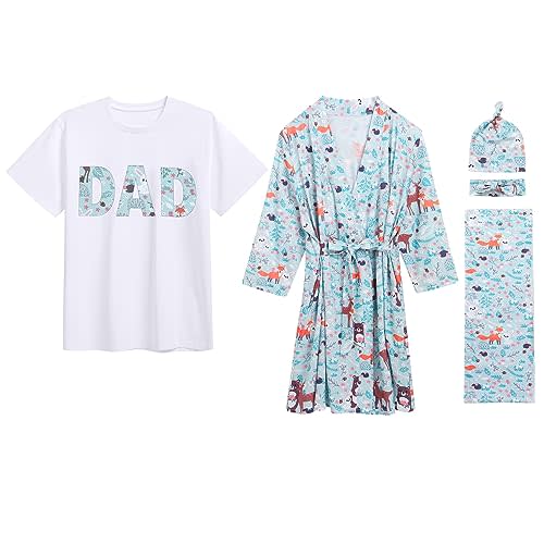 AWIBMK Mom and Me Robe and Swaddle Set and T-Shirt Hospital Labor Delivery Swaddling with Headband Hat for Mom Dad Baby
