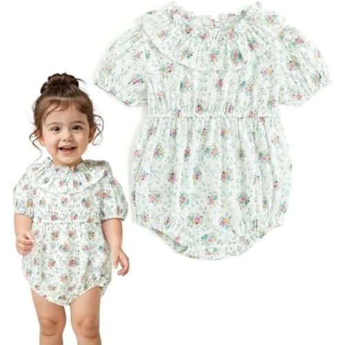 Curipeer Infant Baby Girls Summer Floral Romper Baby Bubble Sleeve Ruffle Romper Outfit 3M-2T