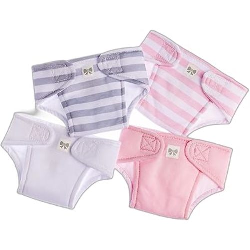 JC Toys Baby Doll 4 Pack Fabric Diapers | Washable, Reusable, Adjustable Eco Diapers | Fits Dolls 14 to 18 inch in Pink/White/Grey