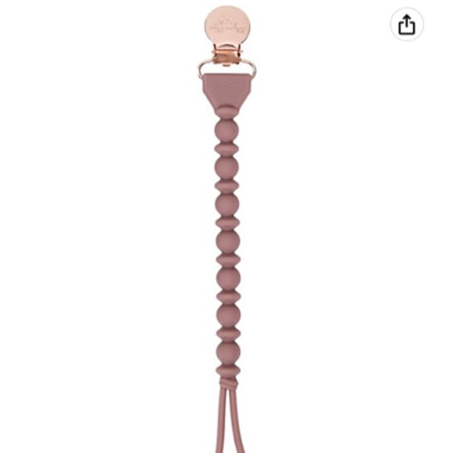 Itzy Ritzy Silicone Pacifier Clip; 100% Silicone Pacifier Strap with Clip Keeps Pacifiers, Teethers & Small Toys in Place; Features One-Piece Beaded Design & Silicone Cord, Rosewood + Rose Gold Clip