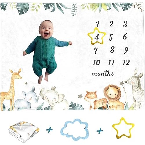 Baby Milestone Blanket Monthly Forest Boho Safari Lion Elephant Rhino Giraffe for boy Girl Newborn Growth Chart Tracker Photography Background Newborn Photo Prop Months Blanket