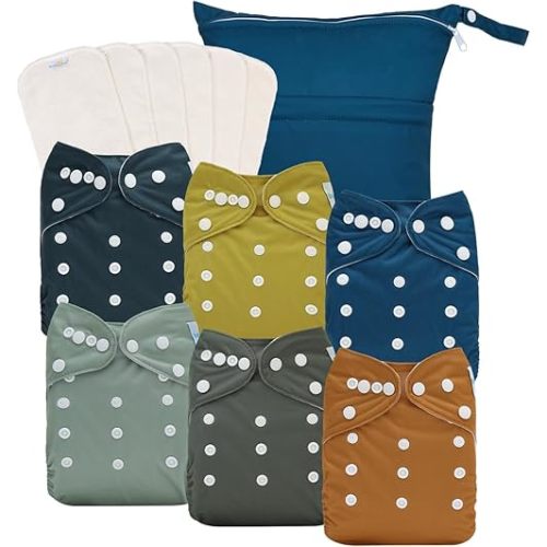 Babygoal Baby Reusable Neutral Cloth Diapers, One Size Adjustable Washable Pocket Nappy Covers 6 Pack+6pcs Rayon from Bamboo Inserts+Wet Bag 6FN39