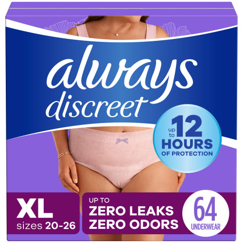 Always Discreet Adult Incontinence Underwear for Women and Postpartum Underwear, XL, Up to 100% Bladder Leak Protection, 64 CT