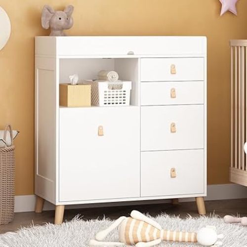 Baby Changing Table Dresser for Infants, Nursery Dresser Chest with 5 Drawers, Shelf, Storage Changing Station Dresser, White