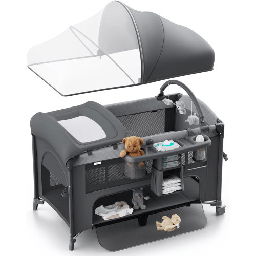 (670)4 in 1 Baby Bassinet, Pack and Play, Bedside Crib Sleeper, Diaper Changer - Comes with Mattress, Mosquito Net，Bottom Storage and Toy Bar for Newborn to Toddles