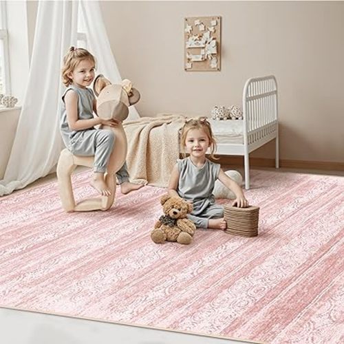Baby Girl Nursery Rug - 5x7 Abstract Cute Modern Washable Boho Area Rugs, Skin-Friendly Foldable Rug for Kids Playroom (Blush Pink,5'x7')