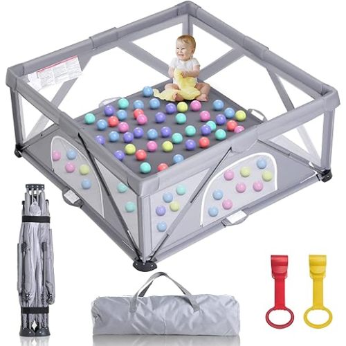 Foldable Baby Playpen,Extra Large Play Pen for Babies and Toddlers(Gray,59"X59")