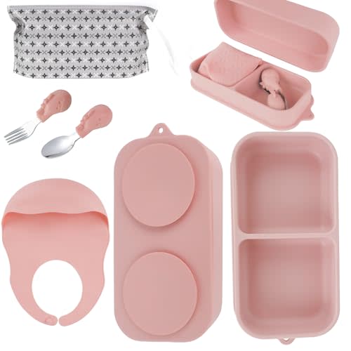 Travel Silicone Baby Feeding Set with 316 Stainless Steel Spoon & Fork,Silicone Suction Plates, Foldable Bib, Storage Bag - Portable Infant Toddler Utensils, 6-Piece BPA-Free Dishware Kitpink