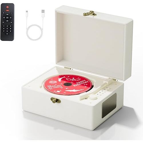 Rechargeable Leather CD Player with Speakers, Bluetooth Transmitter, Festival Gift, BGM Player for Home Decor., white
