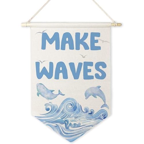 ArtisaEura Coastal Beach Nursery Wall Canvas Banners, Under the Sea Nursery Decor, Make Waves Dolphin Hanging Display Pennant Banner Flags, Ocean Beachy Wall Decor for Kids Toddler Room Playroom