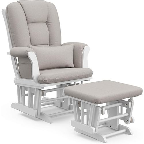 Storkcraft Tuscany Custom Glider and Ottoman with Free Lumbar Pillow (White/Taupe Swirl) - Cleanable Upholstered Comfort Rocking Nursery Chair with Ottoman