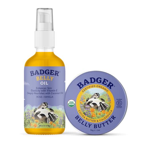 Badger Pregnant Belly Oil and Belly Butter, Rose & Vanilla, Certified Organic, Gentle & Soothing for Stretched Skin During & After Pregnancy
