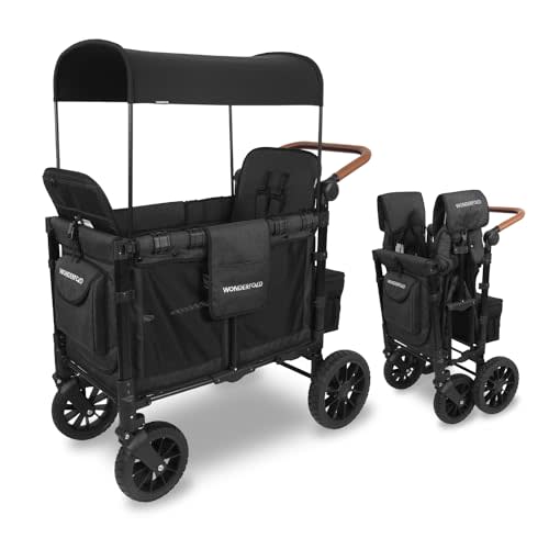 WONDERFOLD W2 Luxe Stroller Wagon (2 Seater) - Collapsible Wagon Stroller with Seats with Magnetic Buckle 5-Point Harnesses and Adjustable Sun Canopy, Volcanic Black