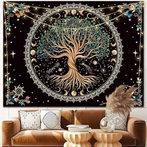 Moon Phase Tree of Life Tapestry Nature Flower Plant Butterfly Tapestries Boho Mandala Spiritual Tapestry Aesthetic Wall Hanging for Home Decor Bedroom Living Room Dorm Decor (35.44" x 47.25", Blue)