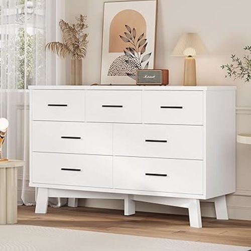 Dresser for Bedroom with 7 Drawer, Wood Modern Chest of Drawers with X-Shaped Sturdy Base, Wide Double Dresser Closet Clothes Storage Organizer, Wooden TV Stand for Living Room, Hallway, White