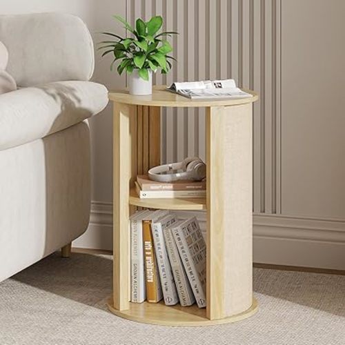 Wood Round Side Table for Sofa, Boho Round Nightstand, Couch Bedside End Table with Storage, Circle Night Stand, 2-Tier, Adjustable Shelf, for Living Room, 16 Inches, Nature