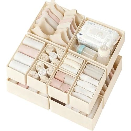 Criusia Drawer Organizer Clothes 12 Pack, Dresser Organizer for Nursery Bedroom Closet Organization and Storage - Baby Clothes Organizer Bins - Drawer Divider for Sock Underwear Bra Ties (Beige)