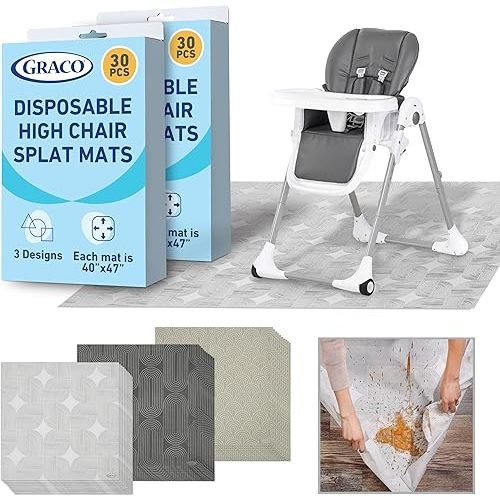Graco Baby Disposable Splat Mats, 60 Pack, 47" x 40” | Biodegradable & Compostable, Eco-Friendly Floor Protector, Under High Chair for Baby Led Weaning, Home & Restaurant Use, Hudson