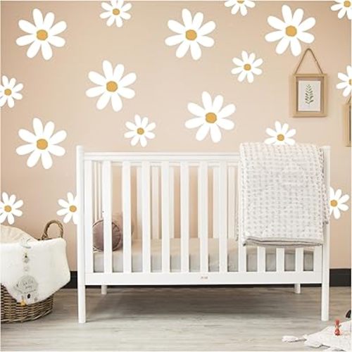 Daisy Wall Decals White Flower Wall Stickers - Big Daisy Wall Stickers, Peel and Stick Floral Stickers for Kids, Girls Nursery Playroom Bedroom Living Room Boho Wall Decor (Cute Style)