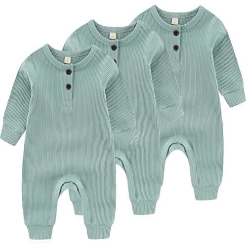 Newborn Baby Boys Girls One Piece Romper With Mitten Cuffs 3 Pack Long Sleeve Ribbed Button Jumpsuit Outfit Clothes