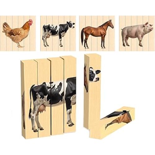 Wooden Animal Chunky Puzzles for Toddlers 2+ Years - Montessori 4 in 1 Farm Animal Block Puzzle Toy