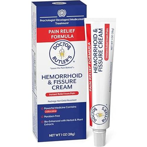 Doctor Butler's Hemorrhoid & Fissure Cream – Instant Pain Relief Hemorrhoid Treatment with Lidocaine, Fast Acting Hemorrhoid Cream for Relief from External Itching and Burning (1 oz.)
