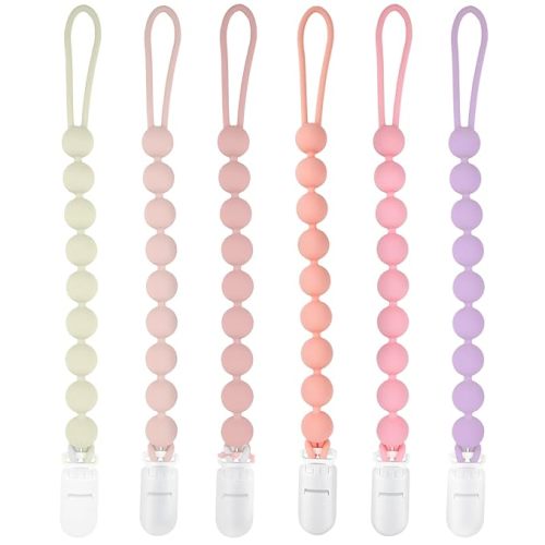 Silicone Pacifier Clip Holder, 6 Pack One Piece Soft Flexible Binky Clips Pacifier Holder Clip for Girls, Baby Girl Newborn Essentials, Teething Relief - Pink