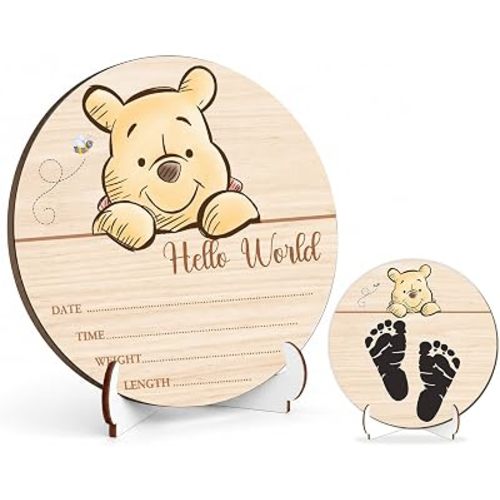 Winnie Baby Wooden Newborn Birth Sign, Winnie Hello World Newborn Signs, The Pooh Baby Announcement Sign, Double Sided Babies Name Plaques Photography Prop, Hello World for New Mom Babies