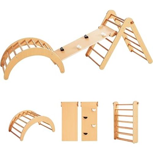 Beright 4 in 1 Pikler Triangle Gym, Montessori Foldable Climber with Ramp, Indoor Climbing Toys for Kids, Climbing Triangle for Toddlers Arch Climber, Rocker, Learning Waldorf Toy Structure, Natural
