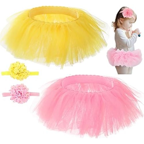 4 Pack Tutu Skirts and Flower Headbands, Yellow and Pink Tulle Skirt and Headband Suits for Baby Girls, 4 Layered Newborn Baby Tulle Skirts, 0-12 Months