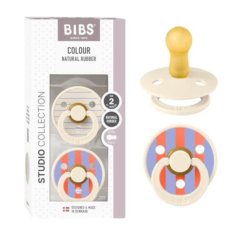 BIBS Colour Pacifier, 6-18 Months, 2-Pack, Round Nipple, Pin Ivory | Natural Rubber Latex | Size 2 | BPA-Free | Made in Denmark | High Nipple Acceptance | Airflow Holes | Comfort Shield