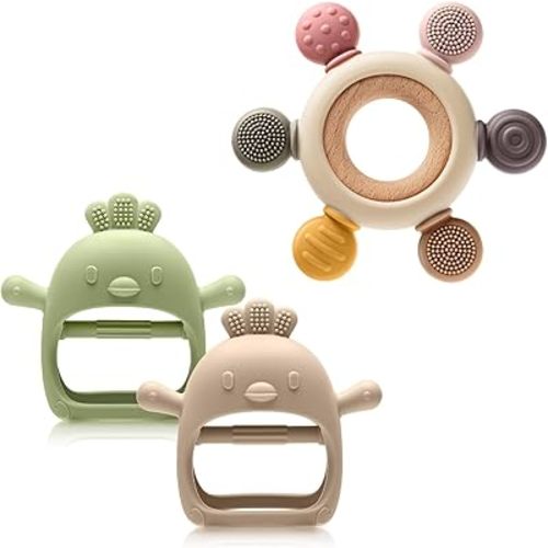 TOHIBEE Baby Sensory Teething Ring + Baby Teething Mitten for 0-6 6-12 Months