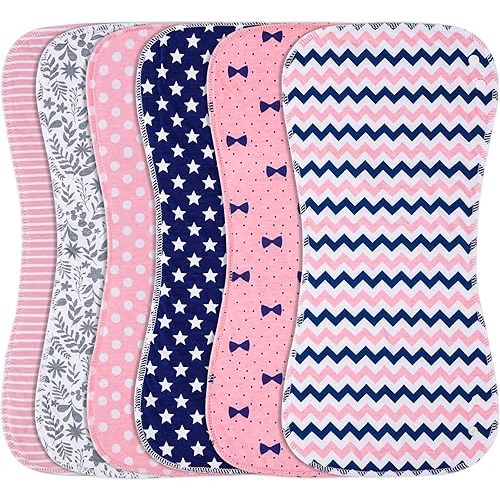 Baby Burp Cloths & Baby Bibs 2-in-1 Design Large Size 3 Layers Thicken 100% Cotton Super Absorbent and Soft Baby Spit Up Burping Rags Baby Burp Cloth Set for Girls 6 Pack