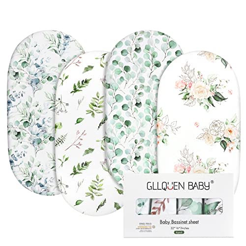 Gllquen Baby Bassinet Sheets 4 Pack, Breathable Cozy Fitted Mattress Sheet, Elastic Travel Crib Fashionable Floral Pattern, Standard Cradle Safe Sheets for Baby Boy Girls 32"X16"(Greenery)