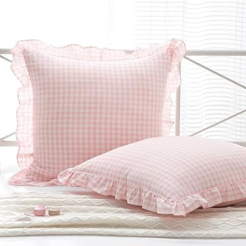 2 Pack Blush White Plaid Ruffle Gingham Euro Shams Pillow Covers, 100% Washed Cotton Checkered Farmhouse Pillowcases for Bed/Sofa - 26"x26"