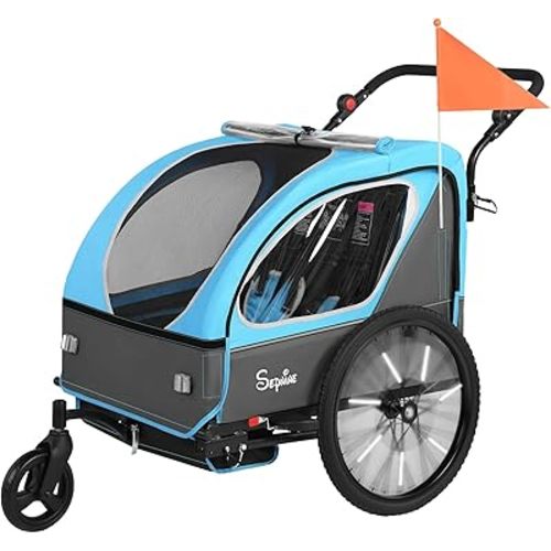 Sepnine Kids Bike Trailer, 2 in1 Canopy Carrier Converts to Pushcart Suitable for 1 to 2 Toddlers, Kids, Quick Attach to Bike, Foldable, with 5-Point Harness and Storage Bags